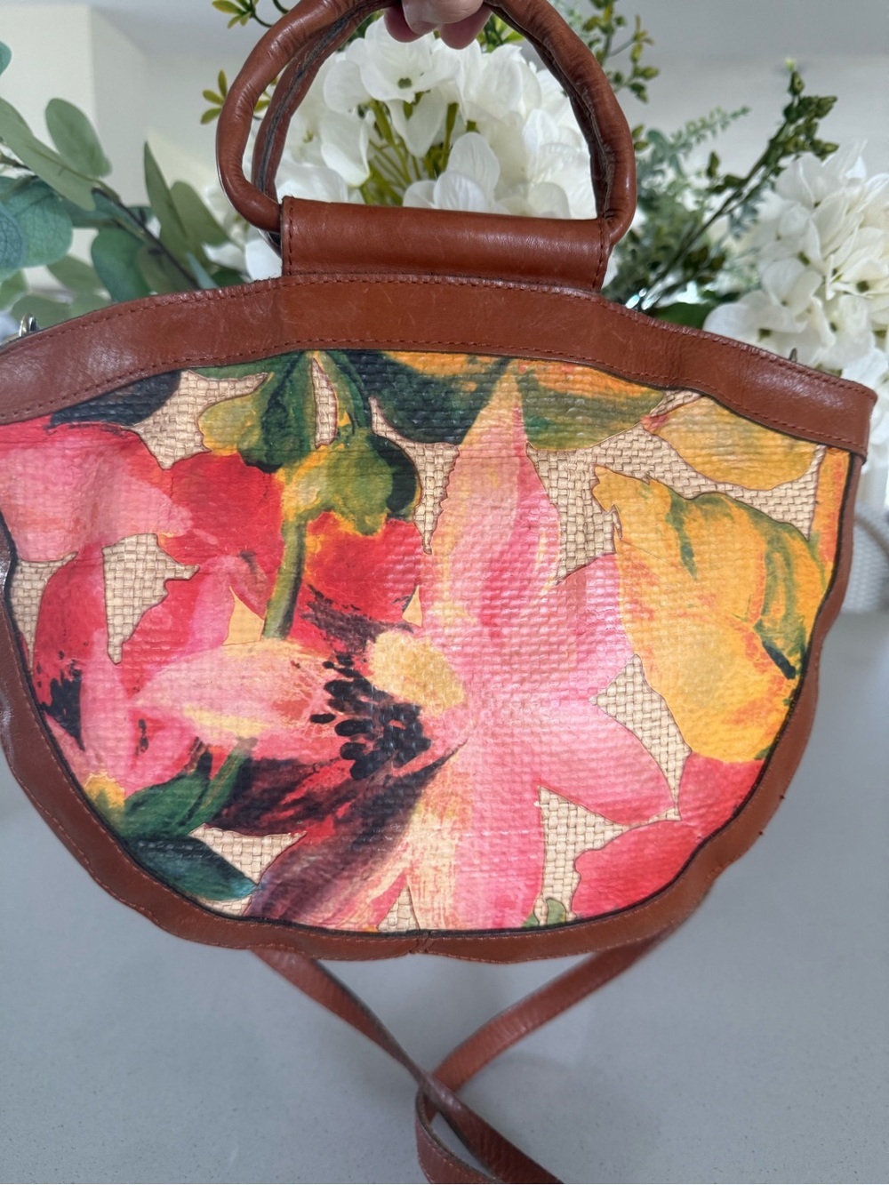 Patricia Nash Spring multi straw oliena satchel floral purse bag w strap EUC